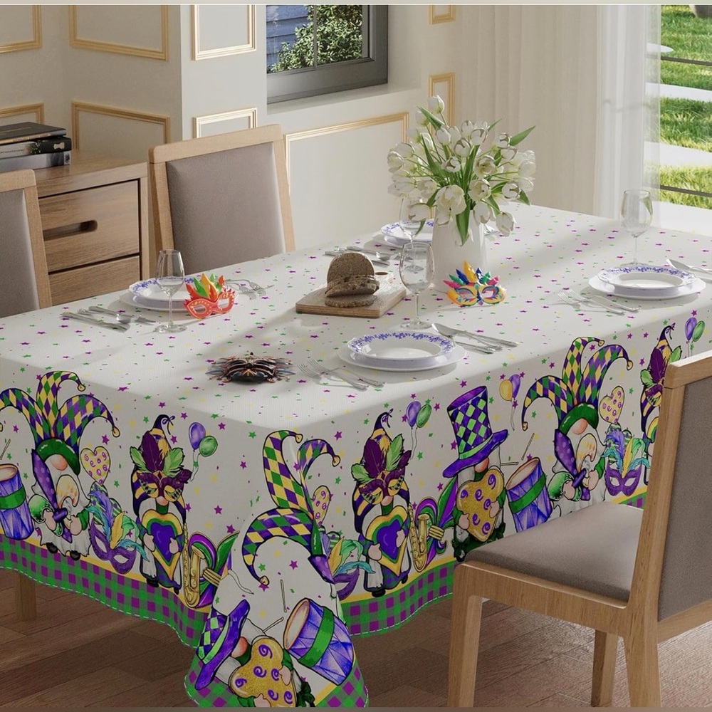Mardi Gras Jester Print Tablecloth - White with Purple & Green Polyester 60x84